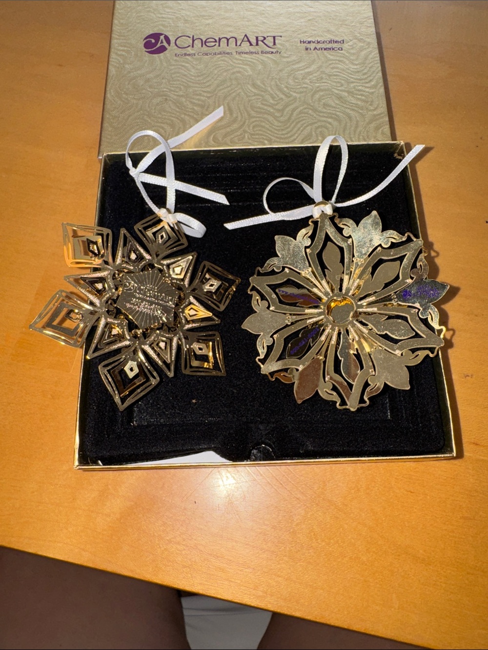2 gold-finished decorative metal snowflake or floral ornaments made by ChemArt - Picture 12 of 15